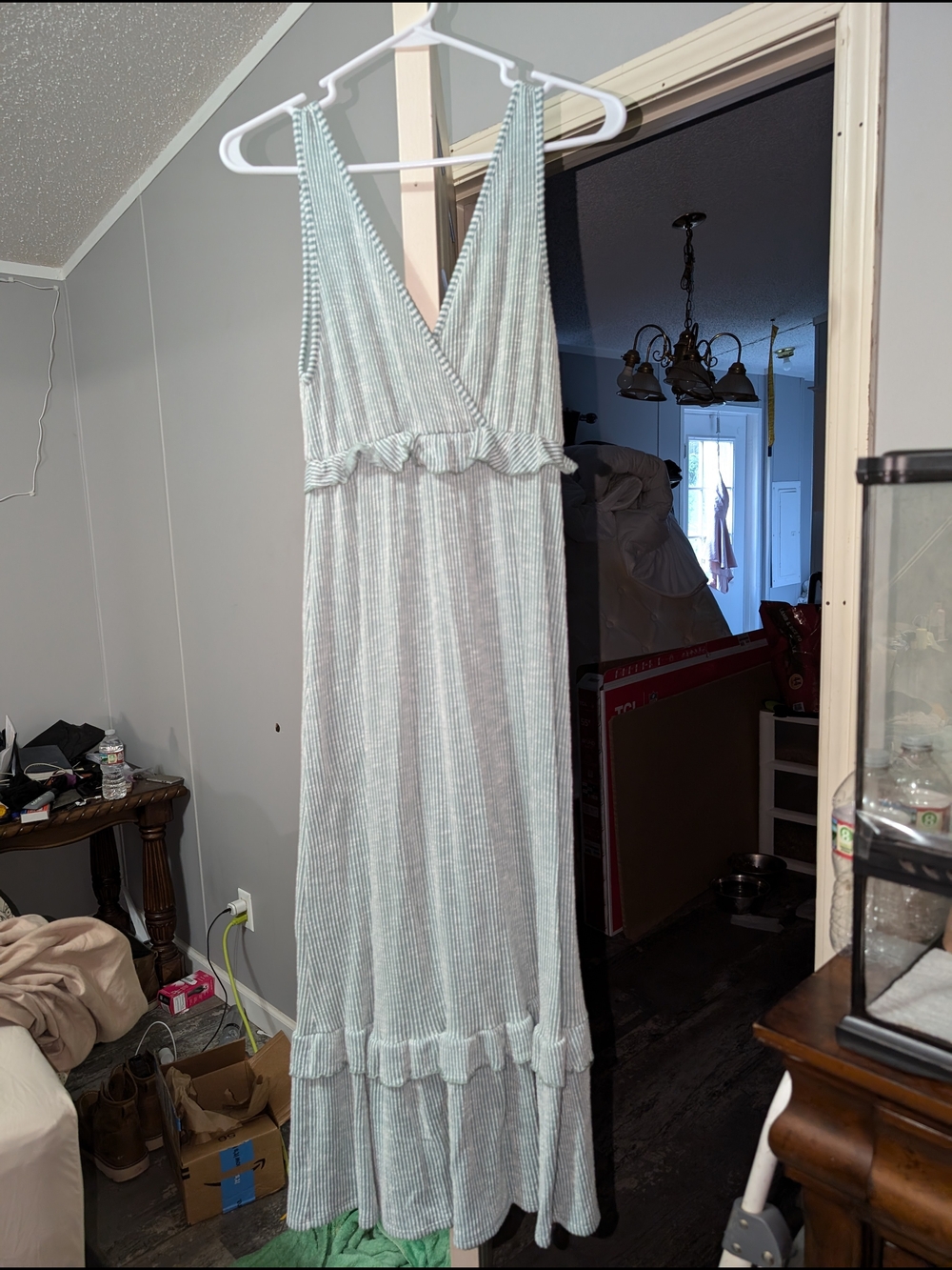 Light Green Striped Ruffle Maxi Dress - Unbranded
